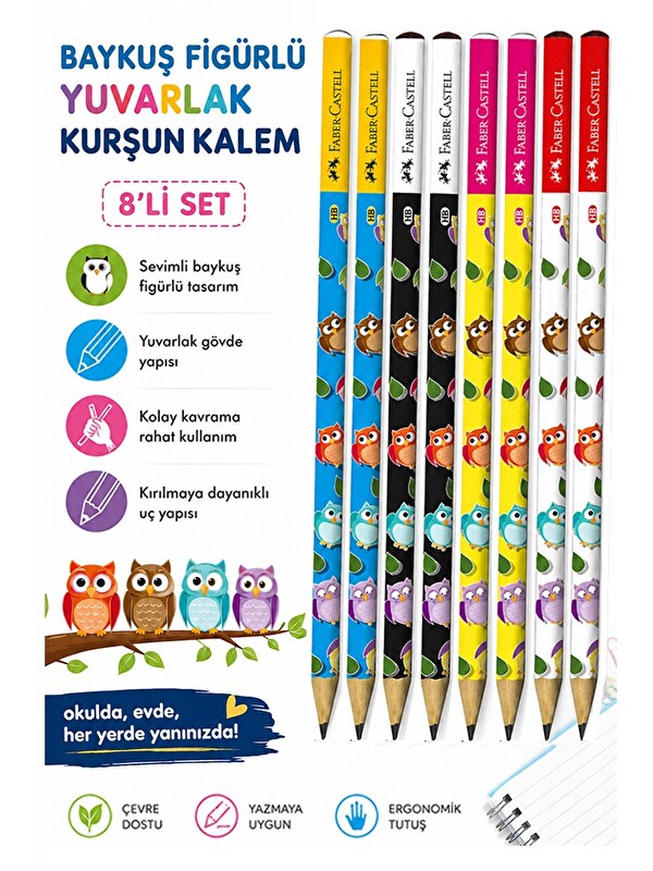 Faber-Castell Baykuş Kurşun Kalem 8 Adet Faber Castell Yuvarlak Gövdeli Siyah Kurşun Kalem Yumuşak Yazım Kolay Tut