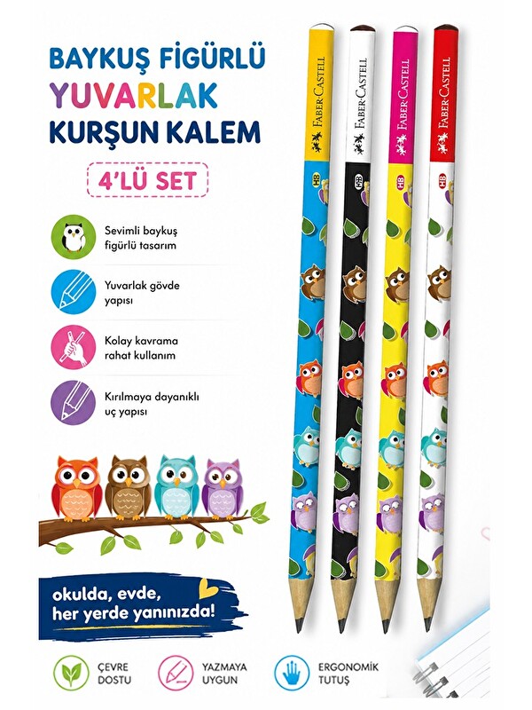 Faber-Castell Baykuş Kurşun Kalem 4 Adet Faber Castell Yuvarlak Gövdeli Siyah Kurşun Kalem Yumuşak Yazım Kolay Tut