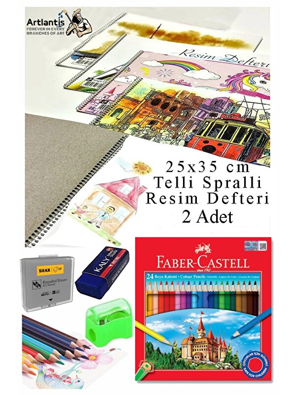 Faber-Castell 24 Renk Kuru Boya 25x35 cm Telli Spralli Resim Defteri Hamur Silgi Kalemtraş 15 Yaprak Kuruboya Resi