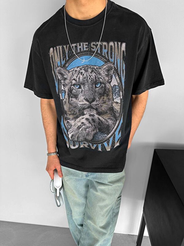 Abluka Online Erkek Oversize Kaplan Baskılı T-Shirt Siyah