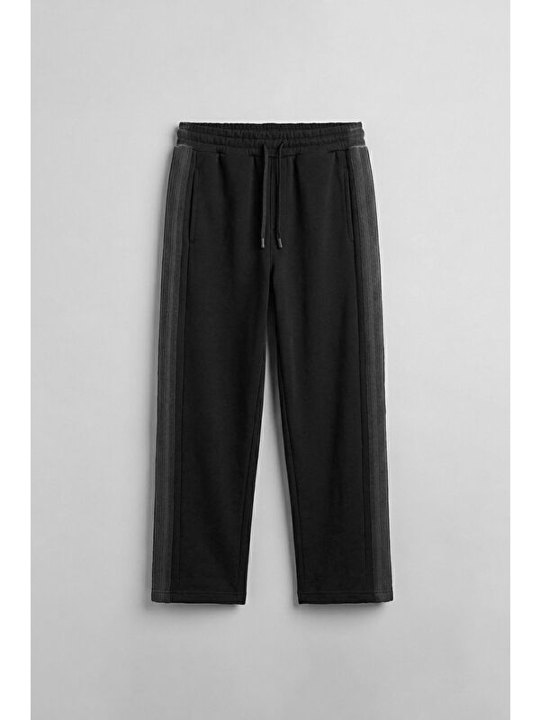 Abluka Online Erkek Baggy Fit Yan Şerit Fitilli Eşofman Altı Siyah