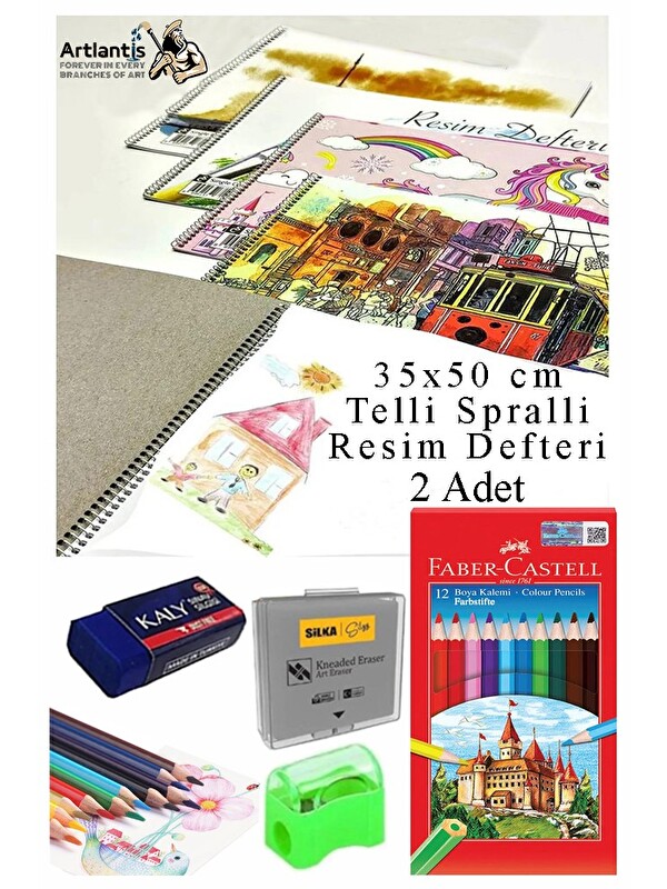 Faber-Castell 12 Renk Kuru Boya 35x50 cm Telli Spralli Resim Defteri Hamur Silgi Kalemtraş 15 Yaprak Resim Defteri