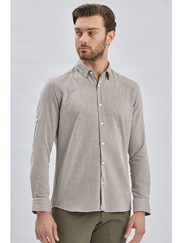 İMZA Koyu Kahverengi Kısalabilir Kollu Armürlü Biritli Yaka Pamuklu Casual Slim Fit Gömlek 1004240202