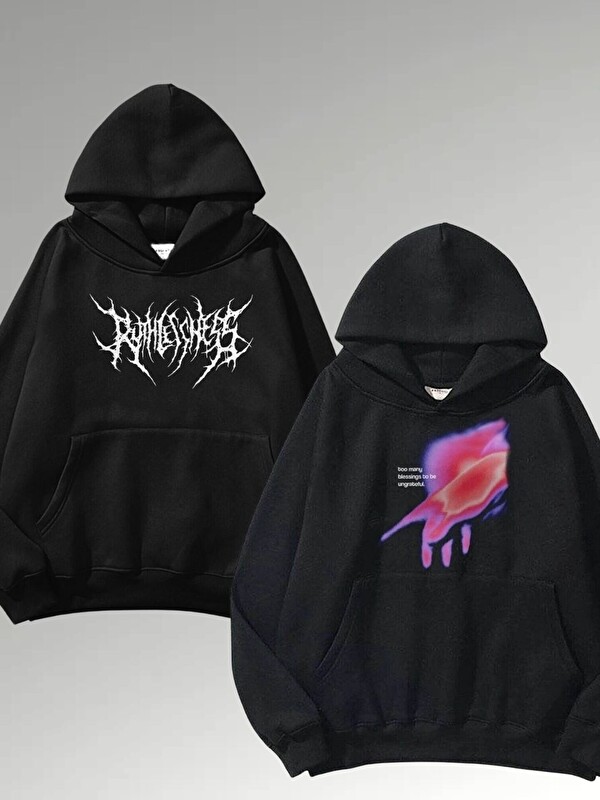Trendseninle Kadın 3 İplik Siyah Gothic Ruthless ve Ungrateful Baskılı Kapüşonlu Sweatshirt Hoodie 2 Li
