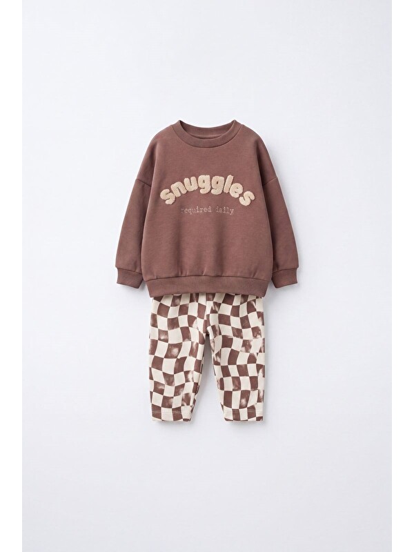Magu Çocuk Kahverengi Sweatshirt Ve Dama Desenli Pantolon Takımı