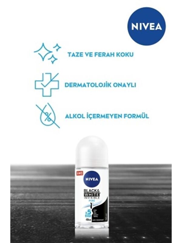 NIVEA Kadın Roll On Deodorant Black&White Invisible Pure 48 Saat Anti-Perspirant Koruma 50 ml
