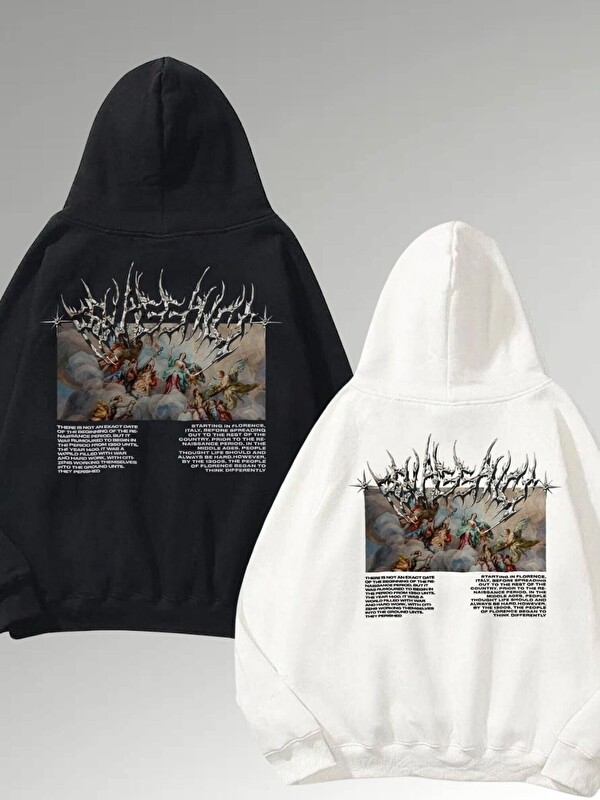 Trendseninle Kadın 3 İplik Siyah Beyaz Angel Baskılı Kapüşonlu Sweatshirt Hoodie 2 Li