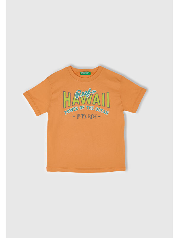 United Colors Of Benetton Erkek Çocuk Turuncu Slogan Baskılı T-Shirt