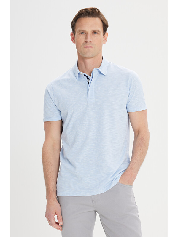 Altınyıldız Classics Erkek Açık Mavi Slim Fit Dar Kesim Pamuklu Jakarlı Polo Yaka Tişört