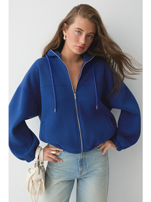 ETHIQUET VALIT Kadın Çift Cepli Eteği Ve Kol Ucu Lastikli Fermuarlı Oversize SAKS Sweatshirt