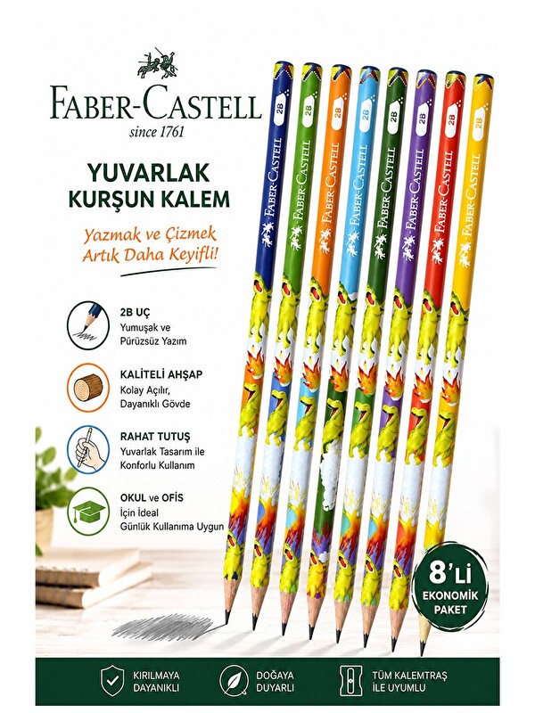 Faber-Castell Dinozor Kurşun Kalem 8 Adet Faber Castell Yuvarlak Gövdeli Siyah Kurşun Kalem Yumuşak Yazım Kolay Tu