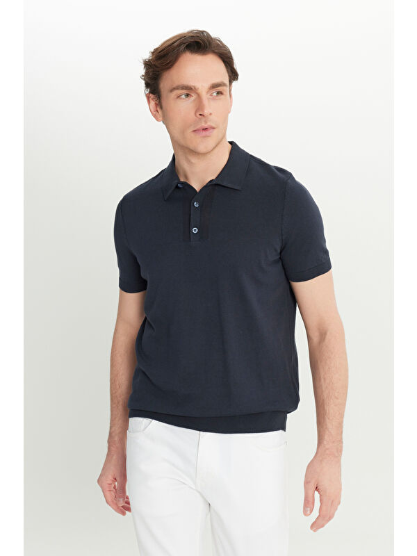 Altınyıldız Classics Erkek Lacivert %100 Pamuk Standart Fit Normal Kesim Polo Yaka Triko Tişört