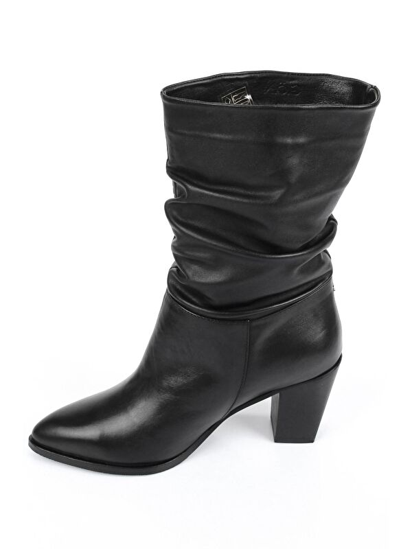 SİYAH Hakiki Deri Sivri Burun Körüklü Topuklu Kadın Günlük Çizme 44579 - Görsel 7