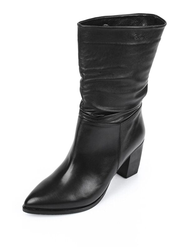 SİYAH Hakiki Deri Sivri Burun Körüklü Topuklu Kadın Günlük Çizme 44579 - Görsel 9