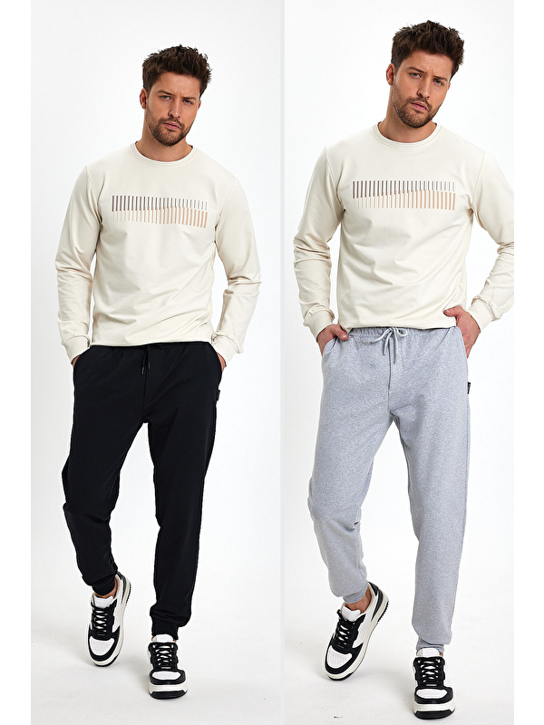 Mmetalic Siyah-Gri Arka Cep Etiket Detaylı Paça Lastikli Regular Fit 2'Li Erkek Jogger Eşofman Altı