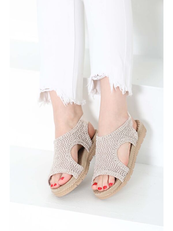 Kadın Bej Nakış Hasırlı Sandalet - 27156 - Görsel 3