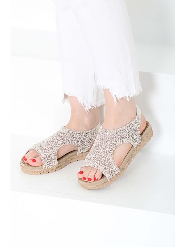 Kadın Bej Nakış Hasırlı Sandalet - 27156 - Görsel 5