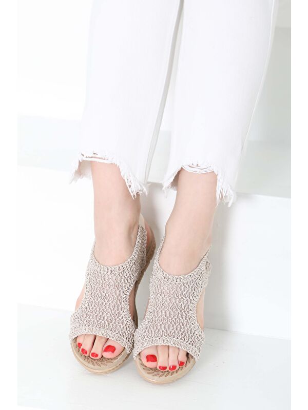 Kadın Bej Nakış Hasırlı Sandalet - 27156 - Görsel 6