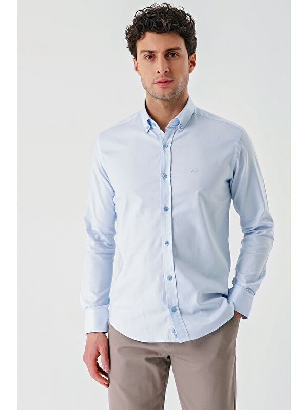 İMZA Koyu Mavi Uzun Kollu Oxford Cepsiz %100 Pamuk Klasik Slim Fit Dar Kesim Gömlek 1004240188