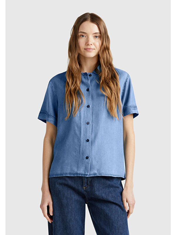 United Colors Of Benetton Kadın Açık Mavi %100 Liyosel Kısa Kollu Denim Gömlek