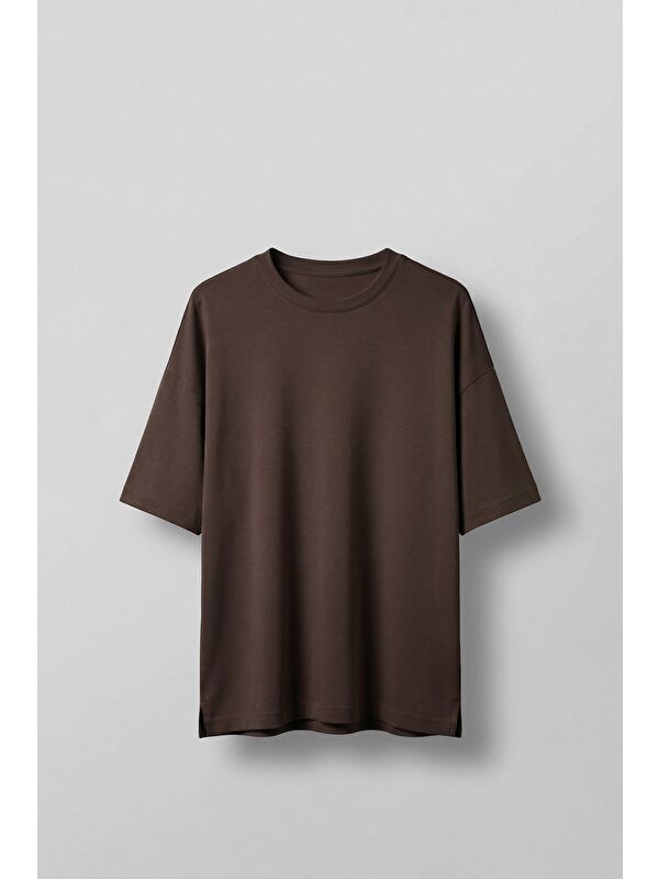 Abluka Online Erkek Oversize Esnek Kumaş Basic T-Shirt Kahverengi