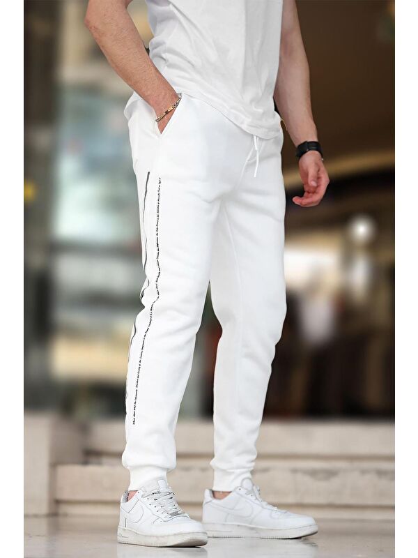 Madmext Ekru  Paçası Lastikli Yandan Şeritli  Baskılı Erkek Jogger Eşofman Altı 6551