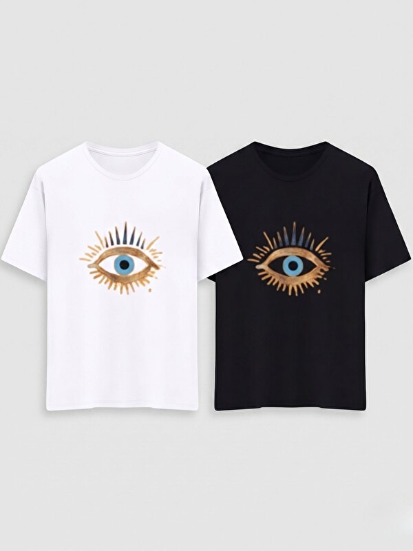 Trendseninle Siyah+Beyaz Eye Baskı Regular Fit Organik Pamuk Tişört 2Li