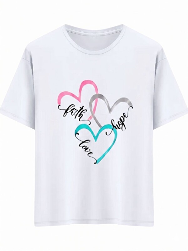 Trendseninle Beyaz Faith Love Hope Baskı Regular Fit Organik Pamuk Tişört