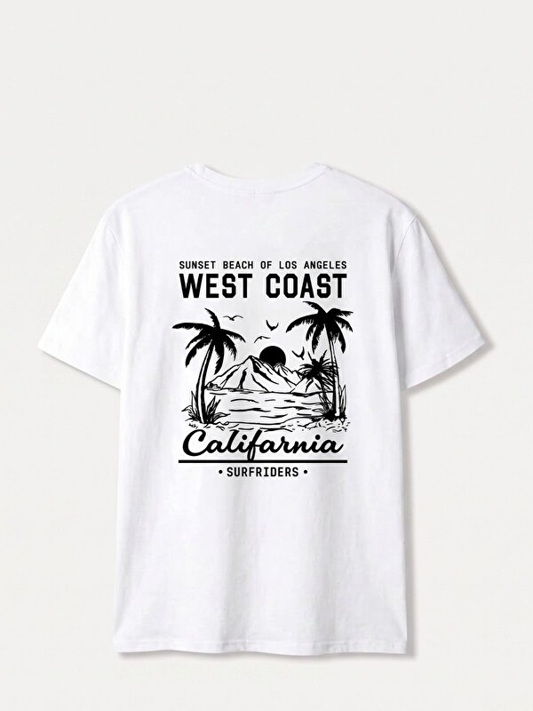 Trendseninle Beyaz West Coast Calif Baskı Regular Fit Tişört