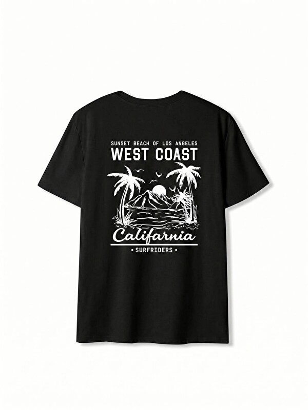 Trendseninle Siyah West Coast Calif Baskı Regular Fit Tişört