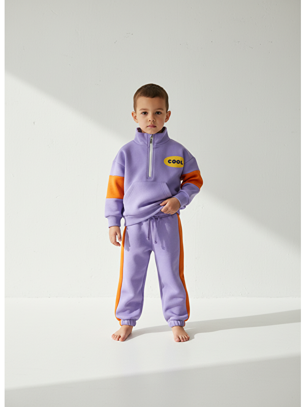 Magu Unisex Çocuk Pamuklu Lila Turuncu Cool Yazılı Zip Eşofman Takımı
