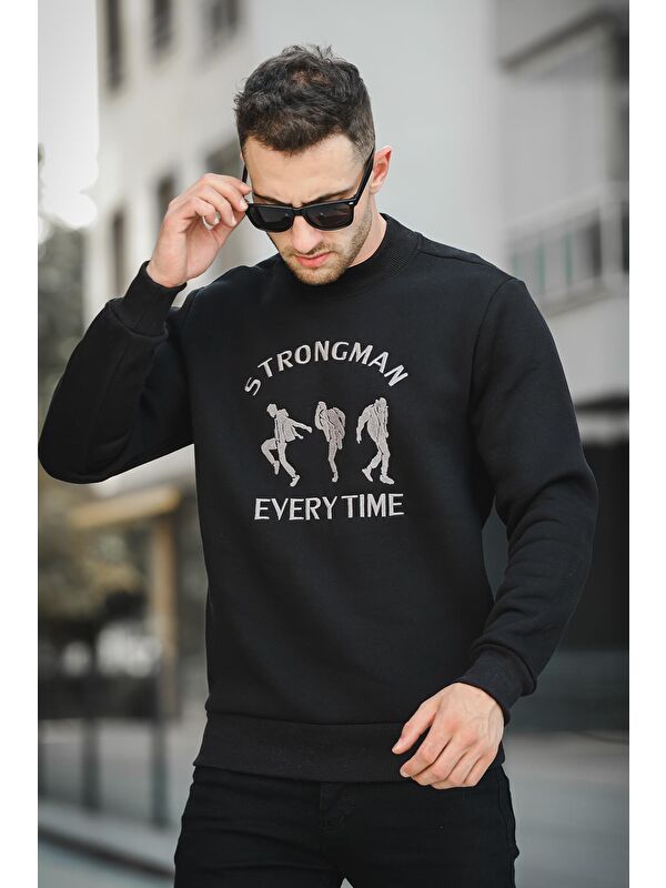 Oksit Strong Man Nakışlı Üç İplik Şardonlu Yarım Balıkçı Yaka Erkek Sweatshirt