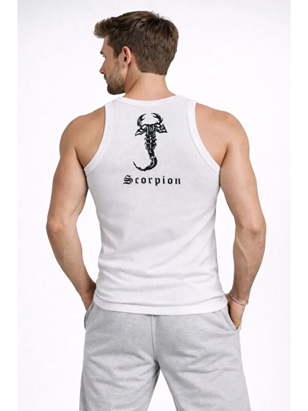 Jane's Erkek Fitilli Atlet Sıfır Yaka Slim Fit Arka Baskılı Spor Atlet - Beyaz