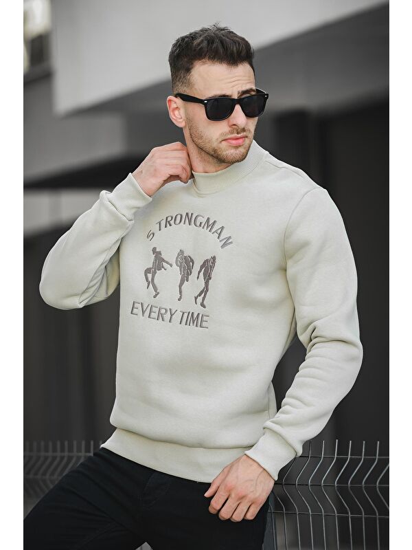 Oksit Strong Man Nakışlı Üç İplik Şardonlu Yarım Balıkçı Yaka Erkek Sweatshirt