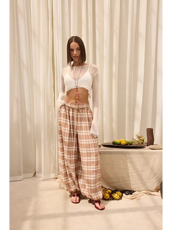 Mai Collection Jolene Ekoseli Bej Şalvar Pantolon