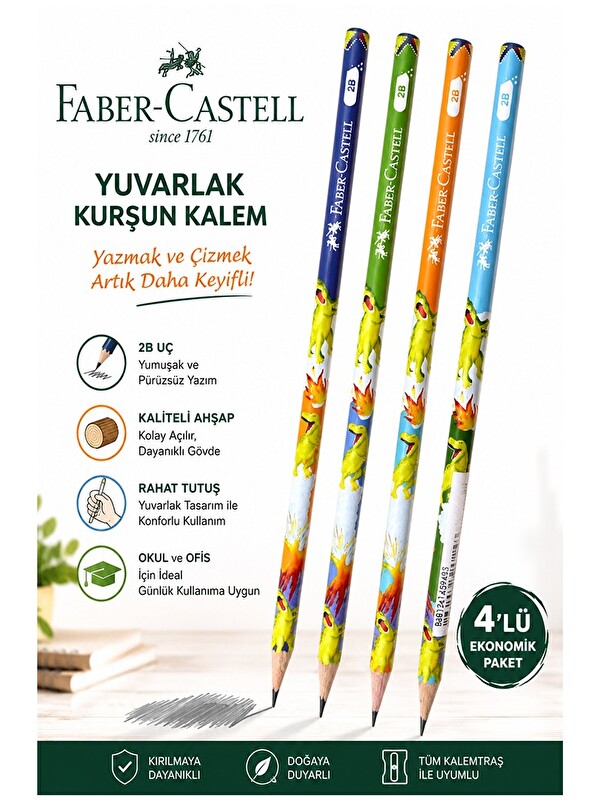 Faber-Castell Dinozor Kurşun Kalem 4 Adet Faber Castell Yuvarlak Gövdeli Siyah Kurşun Kalem Yumuşak Yazım Kolay Tu