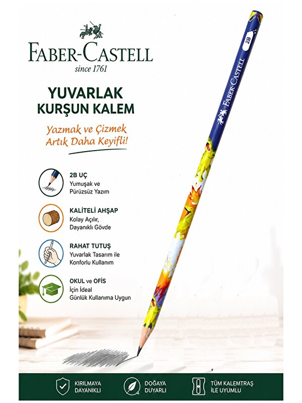 Faber-Castell Dinozor Kurşun Kalem 1 Adet Yuvarlak Gövdeli Siyah Kurşun Kalem Yumuşak Yazım Kolay Tutuş Kaliteli