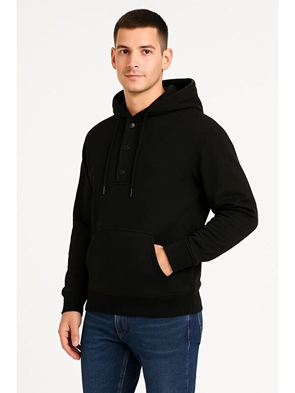 Jane's Erkek Ovarsize Kapüşonlu Swetshirt Kanguru Çepli Cıtcıtlı 3 Iplik Şardonlu Hoodie - Siyah