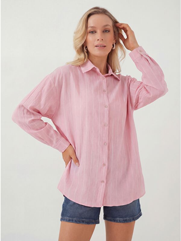 Bigdart Kadın Çizgili Oversize Gömlek 20293 - Pembe
