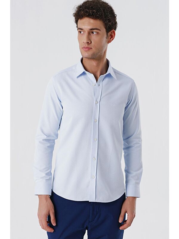 İMZA Koyu Mavi Uzun Kollu Armürlü Cepsiz Pamuklu Elastanlı Slim Fit Dar Kesim Gömlek 1004240193