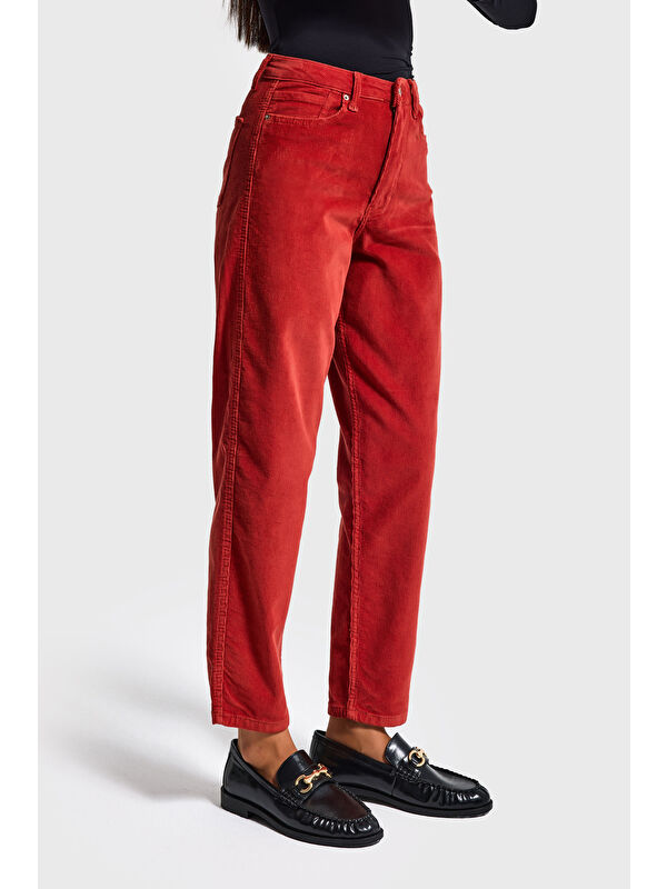 It's Basic Kadın Koral Renk 26w5-104 Relax Fit Esnek Kumaş İnce Fitilli Velvet Kadife Kumaş Pantolon
