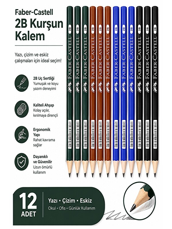 Faber-Castell Şövalye Kurşun Kalem 12 Adet Faber Castell Yuvarlak Gövdeli Siyah Kurşun Kalem Yumuşak Yazım Kolay T