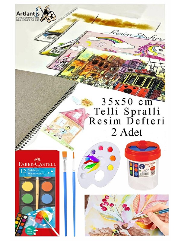Faber-Castell 12 Renk Sulu Boya 35x50 cm Telli Spralli Resim Defteri Resim Paleti Resim Fırçası Temizleme Kabı Sul