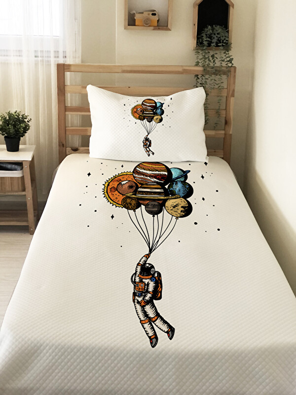 Evmila Astronot Desenli Çocuk Pike Takımı - 160x220 Cm Pike 50x70 Cm Yastık Kılıfı