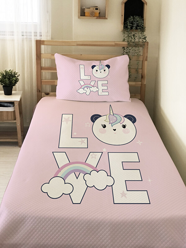 Evmila Love Ayıcık Desenli Çocuk Pike Takımı - 160x220 Cm Pike 50x70 Cm Yastık Kılıfı