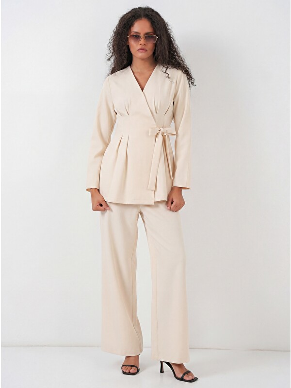 Bigdart Kadın Kimono Pantolon Kumaş Takım 30054 - Bej