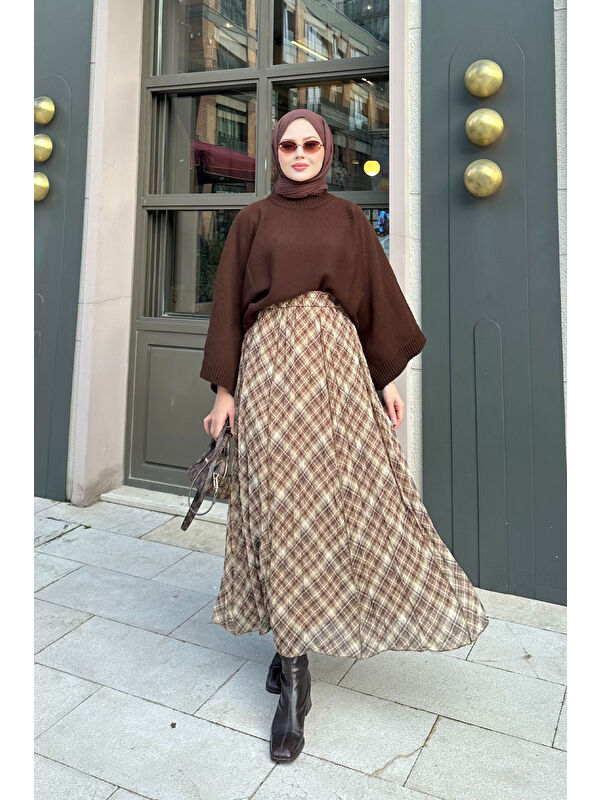 Locco Moda Kadın Dikiş Detay Etnik Desen Beli Lastikli Şifon Etek Yağ Yeşil