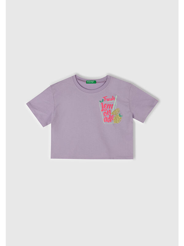 United Colors Of Benetton Kız Çocuk Lila Parlak Baskılı Bisiklet Yaka T-Shirt