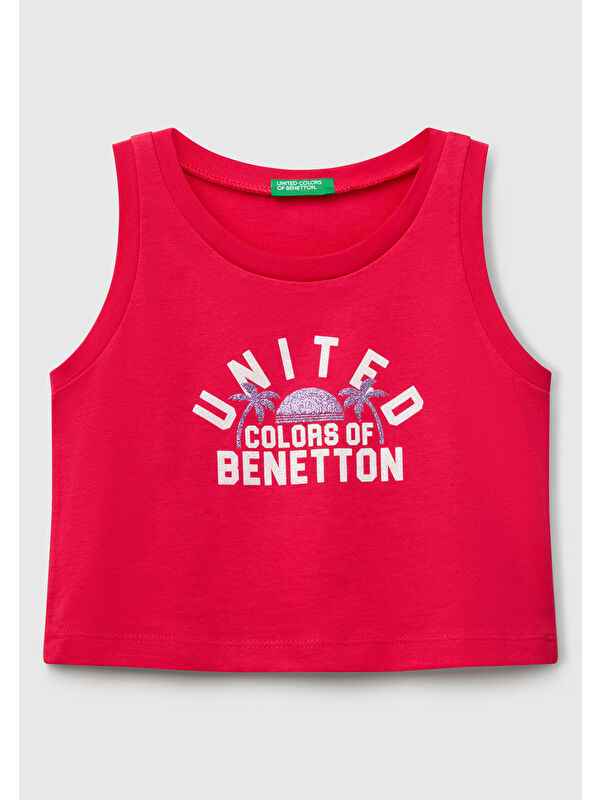 United Colors Of Benetton Kız Çocuk Fuşya Simli Benetton Logo Baskılı Atlet