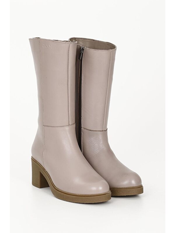 PUDRA PEMBE Hakiki Deri Yuvarlak Burun Kauçuk Taban Topuklu Kadın Günlük Çizme 47522 - Görsel 3